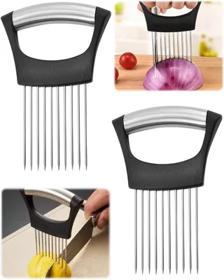 Imagen del producto de Juego de dos cortadores de cebolla de acero inoxidable, de 14,2 x 9,5 cm, para cortar verduras