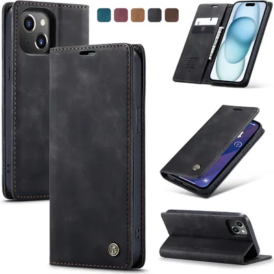 Produktbild von iPhone 15 Hülle, Retro Kunstledertasche Kartenfächer Klapphülle mit Standfunktion Schutzhülle für iPhone 15 Schwarz