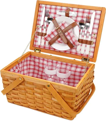 Productafbeelding van Picknickmand Set - Buitenservies Mand - Buiten Eten - Geweven Houtsnippers - 40 x 20 x 20 cm - Rood Wit