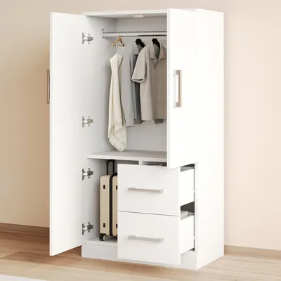 Produktbild von Kleiderschrank 70 x 40 x 135, Doppeltür-Design mit Schubladen und Staufächern, Kinderkleiderschrank, Einzelkleiderschrank, weiß