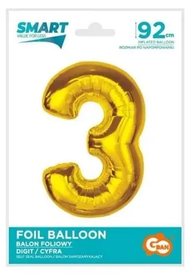 Obrázok produktu pre Balon foliowy cyfra 3 złoty 92 cm GoDan