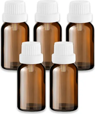 Produktbild von 5x Braune Glasflasche 15 ml mit weißem Tropfer Tropfeinsatz leer Set