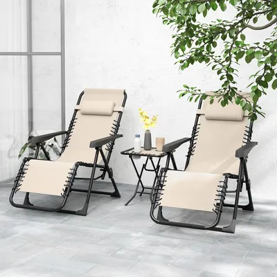 Produktbild von SUGIFT 2 Liegestühle Netzstoff klappbar, Sonnenliege Set 3-teilig mit Beistelltisch, Metallrahmen, Beige | 5-fach verstellbar | 90 x 65 x 110 cm