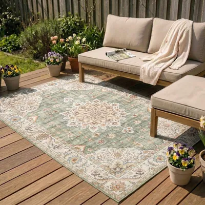 Produktbild von Volero - Vintage Gartenteppich - Santo Medaillon Grün - 80x150 cm - Balkon, Garten / Terrasse - Boho, Klassik, Orientalisch