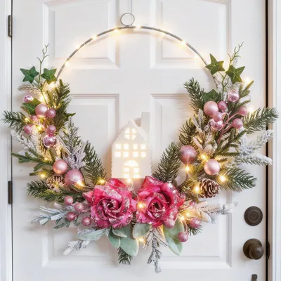 Weihnachtskranz 30 cm mit LED-Beleuchtung, Tannennadeln, Beeren