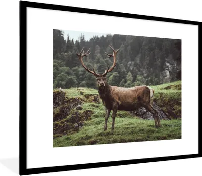 Produktbild von MuchoWow® MuchoWow® Gerahmtes Poster Hirsch - Baum - Berg 80x60 cm - Poster mit zchwarzem Bilderrahmen - Schlafzimmer-Dekorationen - Fotoposter