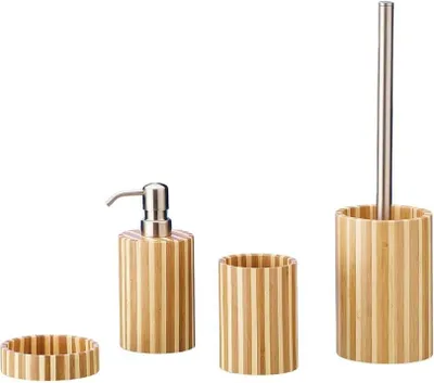 Produktbild von 4tlg Set Bad Accessoires WC Bürste Seifenspender Zahnputzbecher Seifenschale Bambus