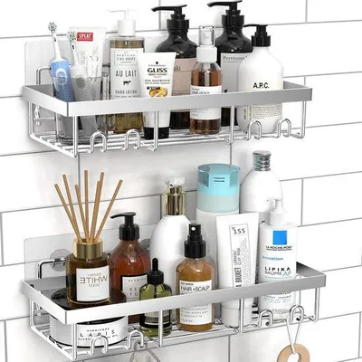 Productafbeelding van Unyqoos® Doucheplank zonder boren, set van 2, zilver, roestvrij staal, 8 haken, zelfklevend, 30 x 10 cm met afdruipranden – Shampoohouder