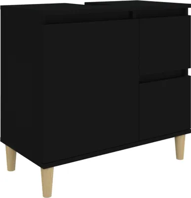 A black bathroom vanity with wooden legs against a white background.