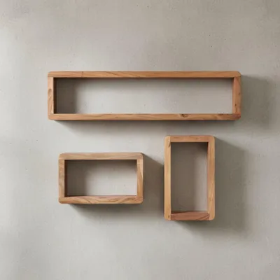 Produktbild von Wandregal Set "Teko Cubes": 3-teilig, abgerundete Ecken, hohe Belastbarkeit, Massivholz. Beige, 80x15x20 cm | Kadima Design