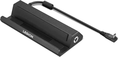 A black Lenovo Legion Go Dock with a USB-C cable attached, shown on a white background.