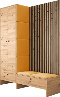 Produktbild von MIRJAN24 Garderoben-Set Balma III, Kleiderschrank, Unterschrank mit Lamellen, 6x Gepolstertes Paneel 42x42 (Farbe: Artisan Eiche / Artisan eiche + Schwarz, Manila 32)