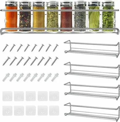 Produktbild von 4-teiliges Gewürzregal aus Metall für die Küche (ohne Bohren), selbstklebendes Wandregal für die Küchenarbeitsplatte, Tür