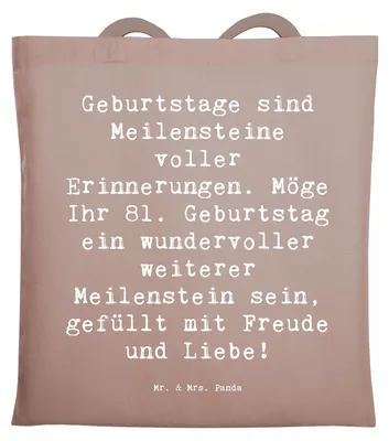 Produktbild von Mr. & Mrs. Panda Tote Bag Spruch 81. Geburtstag Meilenstein - Braun Pastell - Geschenk, Schultasche, Glückwünsche, Tasche, Feier, stoff shopper, Geburtstagsgeschenk
