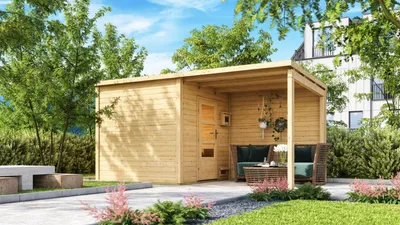 Produktbild von Karibu Saunahaus Außensauna Gartensauna Pepe 4 mit Anbaudach + 9kw Ofen finnisch und Easy Steuergerät Sparset 467 x 231 cm Farbe: Naturbelassen