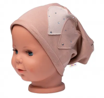 Productafbeelding van Kinderhoed van katoen, met hartjes en steentjes, merk Baby Nellys, kleur cappuccino, maat 104/134