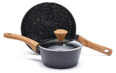 Productafbeelding van Anti-aanbak kookset, 3-delig, zwart: 6" pan, 8,5" koekenpan, 7" braadpan met houten handgreep, geschikt voor alle soorten fornuizen, PFOA-vrij
