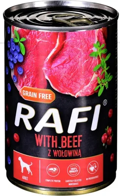 A can of dog food with a label showing beef, blueberries, and herbs.