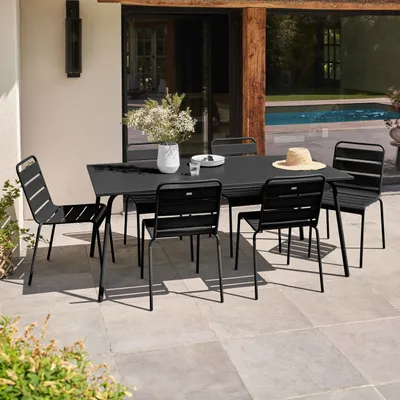 Produktbild von Gartentisch und 6 Metallstühle schwarz - Oviala Palavas