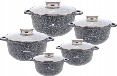 A set of five pots with glass lids, arranged in a staggered formation against a white background.