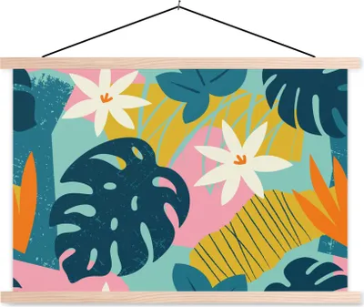 Produktbild von MuchoWow® Textilposter Muster - Farben - Tropisch - Rosa - Mädchen - Kinder - Kinder 120x80 cm mit holzfarbenen Rahmen - Aufhängeset