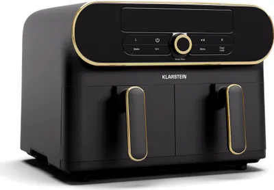 Klarstein AuraAir Color Touch Dual Heißluftfritteuse – 11L Dual-Kammer Airfryer, 1700 W, 8 Programme, Touchscreen, Weniger Fett, Antihaft, Überhitzungsschutz, Automatische Abschaltung, Schwarz/Gold