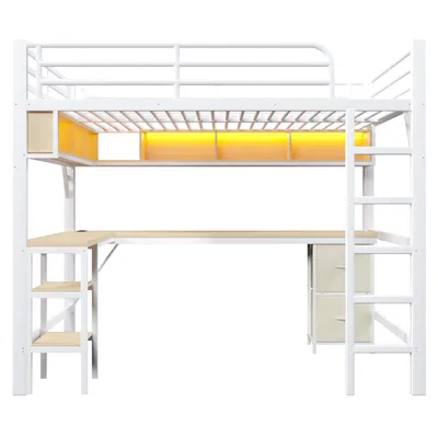 Produktbild von Merax Etagenbett Hochbett 140x200 mit Schreibtisch, Bücherregal, Schublade, Regale, USB, LED, Metall Gaming Kinderbett, Stockbett, Jugendbett, Weiß