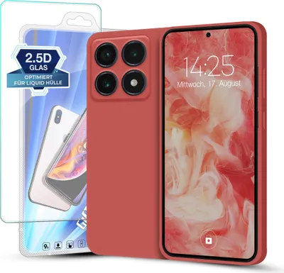 Produktbild von Hülle für Xiaomi 14T Pro mit 9H Displayglas Displayschutz Plus Case Cover Bumper Silikon Softgrip Schutzhülle Farbe: Rot