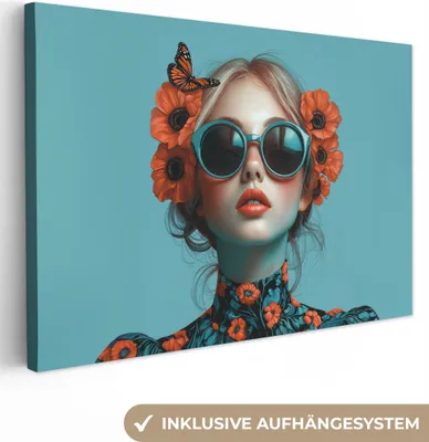 Produktbild von Leinwand Bilder 90x60 cm - Frauen, Abstrakt - Schmetterling - Blau, Wandbilder, Wanddeko Wohnzimmer, Bild