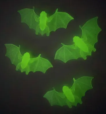 Four glow-in-the-dark bats on a black background.