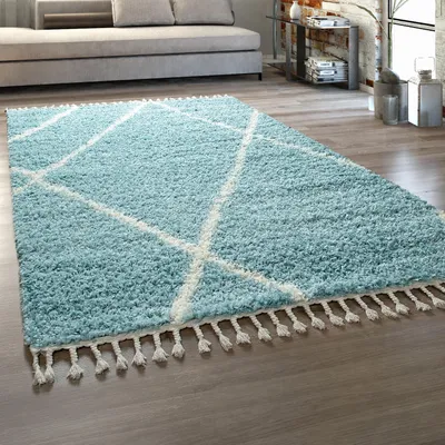Produktbild von Hochflor Teppich Wohnzimmer Shaggy Skandinavischer Stil Fransen Türkis Creme Grösse 60x100 cm