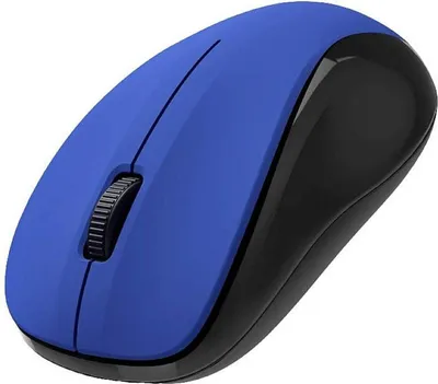 A blue and black wireless computer mouse is shown from a slightly elevated side angle against a white background.