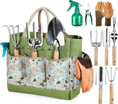 Immagine prodotto di Set di attrezzi da giardino, 9 pezzi, con borsa organizer, in acciaio inossidabile