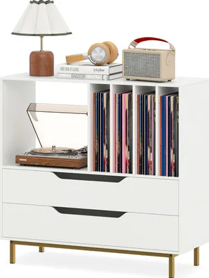 Obrázek produktu pro Stojan na gramofony COSTWAY, stolek na gramofony s policí, 4 přihrádkami na vinyly a 2 zásuvkami, skříňka na gramofony s úložným prostorem na vinyly, bílá barva