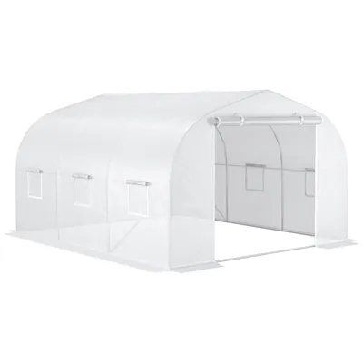 Image de Outsunny Serre de jardin serre tunnel de Jardin dim. 3,5L x 3l x 2H m Porte + 6 fenêtres enroulables Acier galvanisé bâche PE Haute densité Blanc