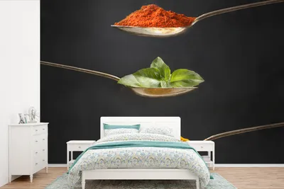 Produktbild von MuchoWow® Fototapete für Wohnzimmer oder Schlafzimmer Wandtapete Vinyl Motivtapete Kräuter - Löffel - Gewürze - Schwarz - Italienisch - 525x350 cm - Das Hintergrundbild