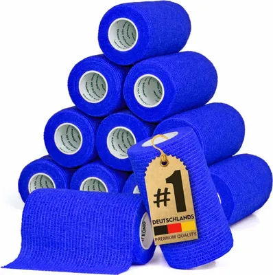 A pyramid of blue self-adhesive bandages is stacked against a white background. A tag with a number '1' and German text is attached to one of the bandages.