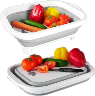 Obrázek produktu pro Intirilife Multifunkční skládací odkapávač na krájecí prkénko s objemem 8 l v šedé barvě - bílý s úložným boxem na krájecí nástroje