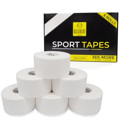 Produktbild von KALAHARI Sporttape Extra Lang - 3,8 cm x 13,7 m - 6 Rollen Tapeverband starke Haftung für Finger Taping, Crossfit, Klettern – Tape Sport Unelastisch