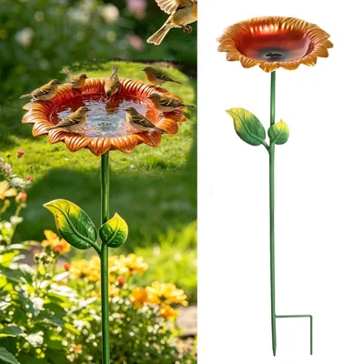 Productafbeelding van Vogeldrinkbak, staand, van metaal, geschikt voor de winter, vorstbestendig, met aardespies, 64 cm, bloemvorm