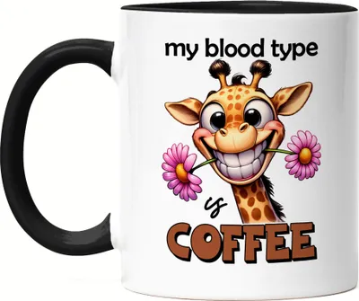 Produktbild von My blood type is coffee Tasse Schwarz lustiger Spruch Kaffee Blutgruppe Giraffe