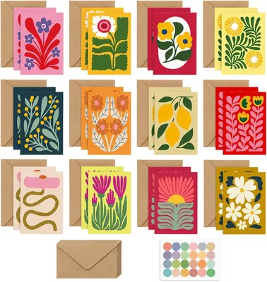 Obrázek produktu pro Sada 24 pohlednic, formát 10x15 cm, s květinovým motivem, z kraftpapíru, včetně obálek, vhodné k narozeninám