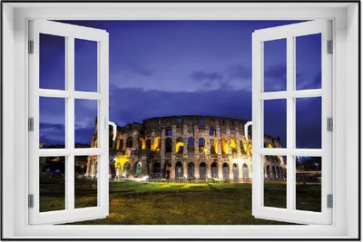Produktbild von Wallario Wandbild mit Fenster-Illusion: Italien bei Nacht - Kollosseum in Rom, beleuchtet am Abend, Größe: 61 x 91,5 cm, Poster mit schwarzem Aluminiumrahmen