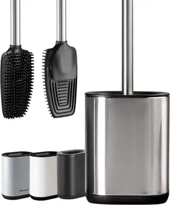 Zdjęcie produktu dla Szczotka toaletowa ze stali nierdzewnej z uchwytem, elastyczny silikon, nowoczesna i elegancka, zoptymalizowana higiena, zapobiegająca pozostawianiu odcisków palców. (srebrna)