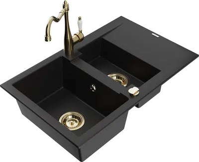 Produktbild von Mexen Gaspar 1,5-Becken-Granitspüle mit Abtropffläche und Mischbatterie Carla, Schwarz - 6507-77-670700-50