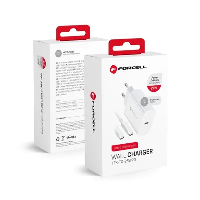 Produktbild von Forcell 25W PD QC 4.0 USB-C Fast Charger + USB C to USB C Cable White