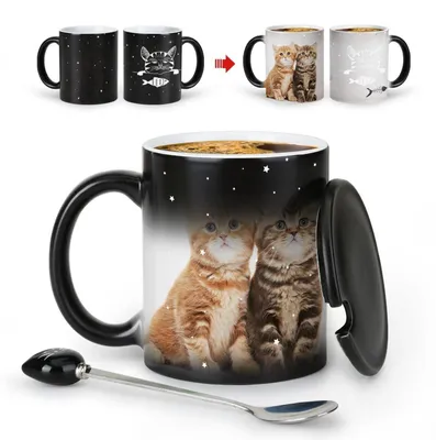 Immagine prodotto di Tazza in Vetroceramica termocromatica da 325 ml con coperchio e cucchiaino, decorata con un motivo a forma di gatto