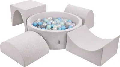 Produktbild von KiddyMoon spielplatz aus schaumstoff mit rund bällebad (200 bälle) ballgruben für babys spielbad hindernisläufen, hergestellt in der eu, hellgrau:perle/grau/transparent/babyblue/minze