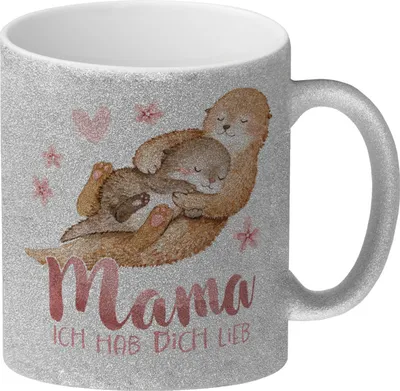 Produktbild von Otter Baby und Mutter Glitzer-Kaffeebecher mit Spruch Mama ich hab dich lieb