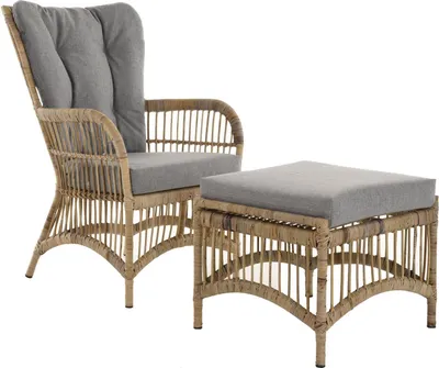 Produktbild von KRINES HOME Ohrensessel / Hochlehnsessel Retro mit Hocker / Wohnzimmer- Rattan-Sessel mit hoher Rückenlehne / Hoher Korbsessel mit Eisengestell (Grau Natur)